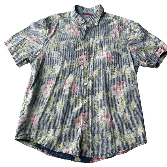 Tommy Bahama Mens Texture Button Up Shirt Blue Tropical Floral Preppy Size M - Picture 1 of 10